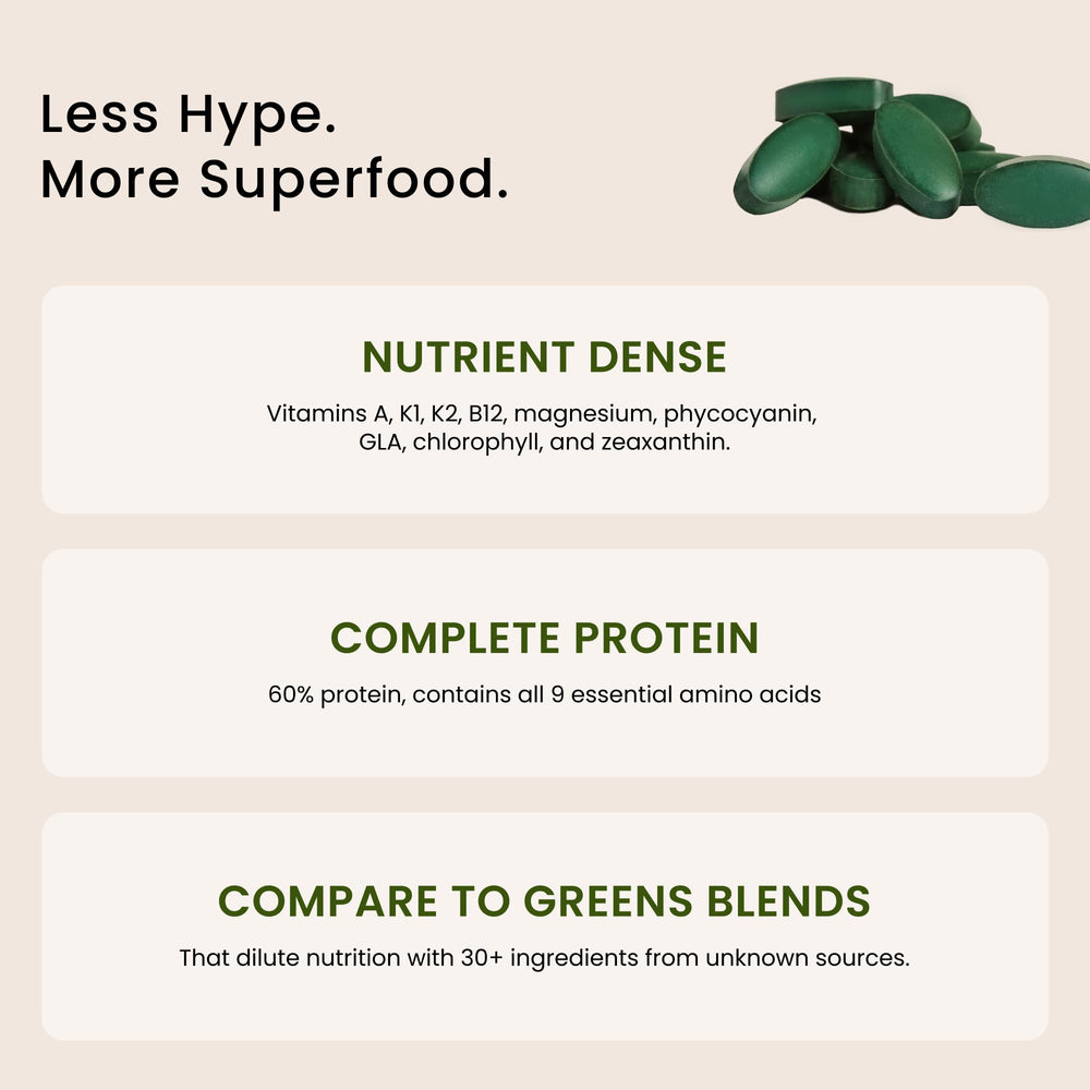 Nutrex Hawaii spirulina tablets close-up emphasizes protein-rich nutrition