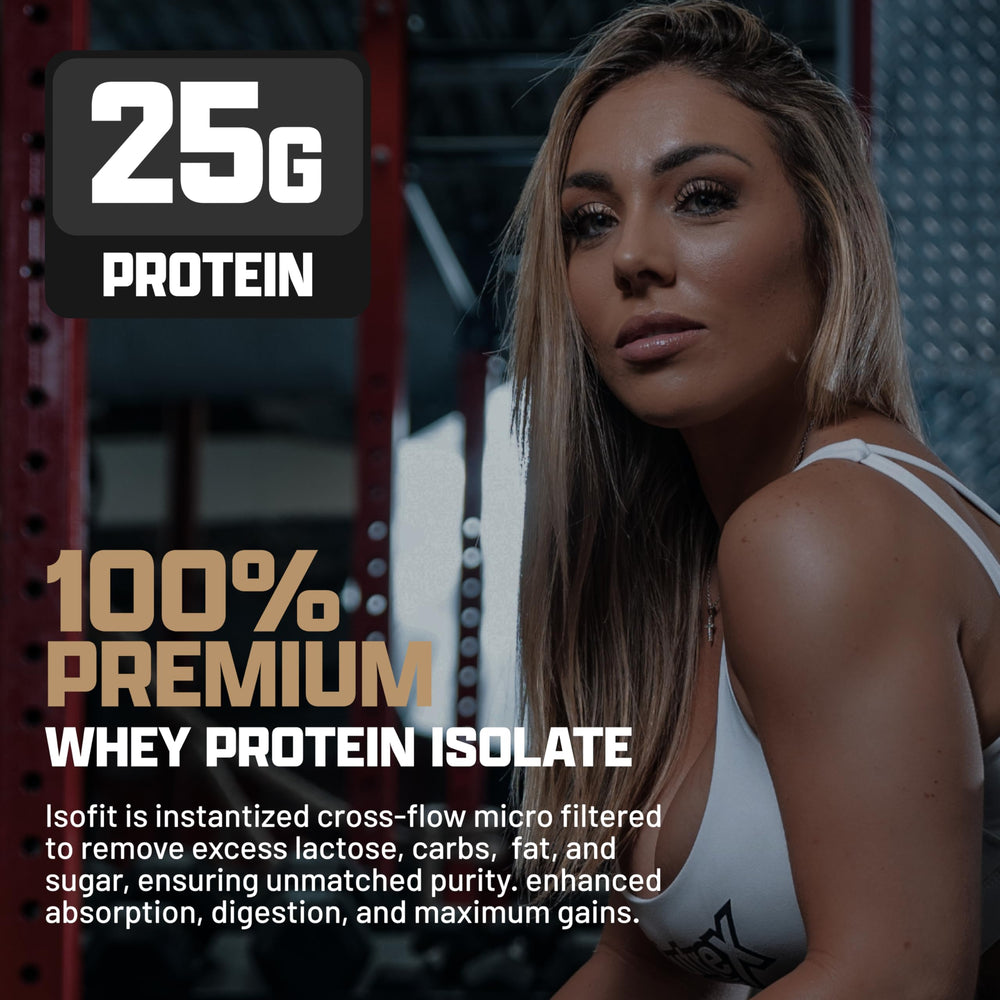 Nutrex IsoFit chocolate whey isolate shaken in glass for smooth shake