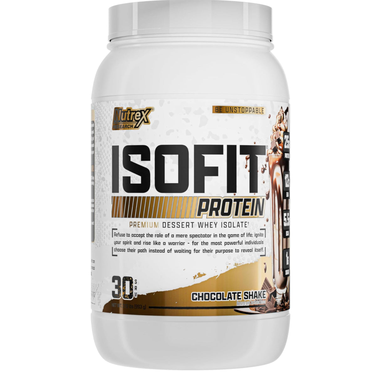 Nutrex IsoFit chocolate whey isolate tub front for fast absorption and convenient fueling