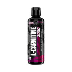 Nutrex L-Carnitine 3000 Berry Blast bottle label closeup highlights flavor for gym sessions.