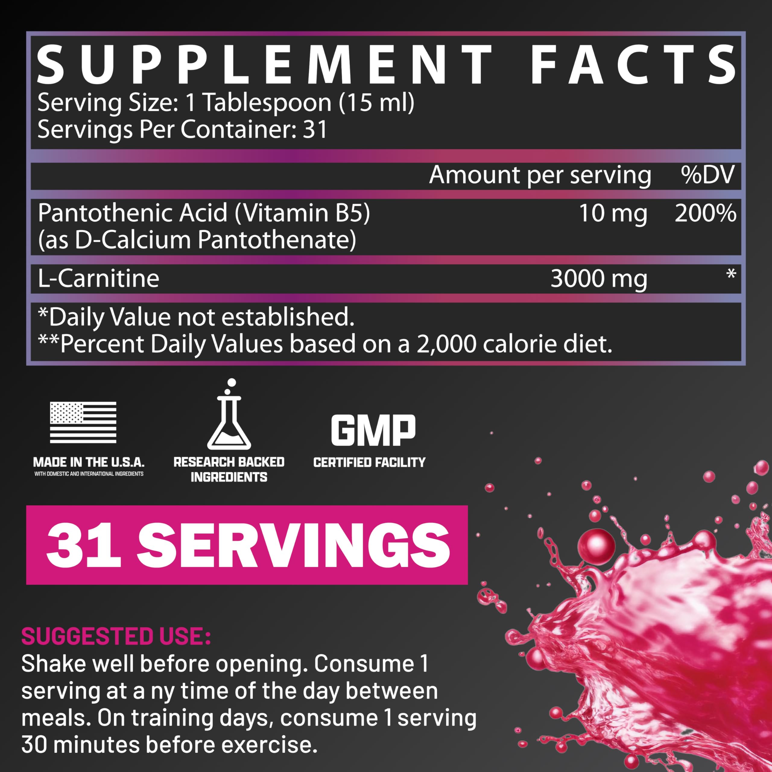 Nutrex L-Carnitine 3000 bottle label closeup highlights nutrition facts for performance.