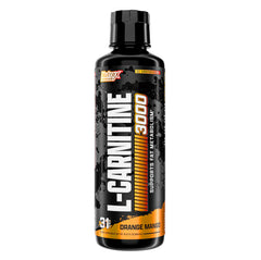 Nutrex Research Liquid Carnitine 3000 bottle front shows orange mango flavor and energy-ready design