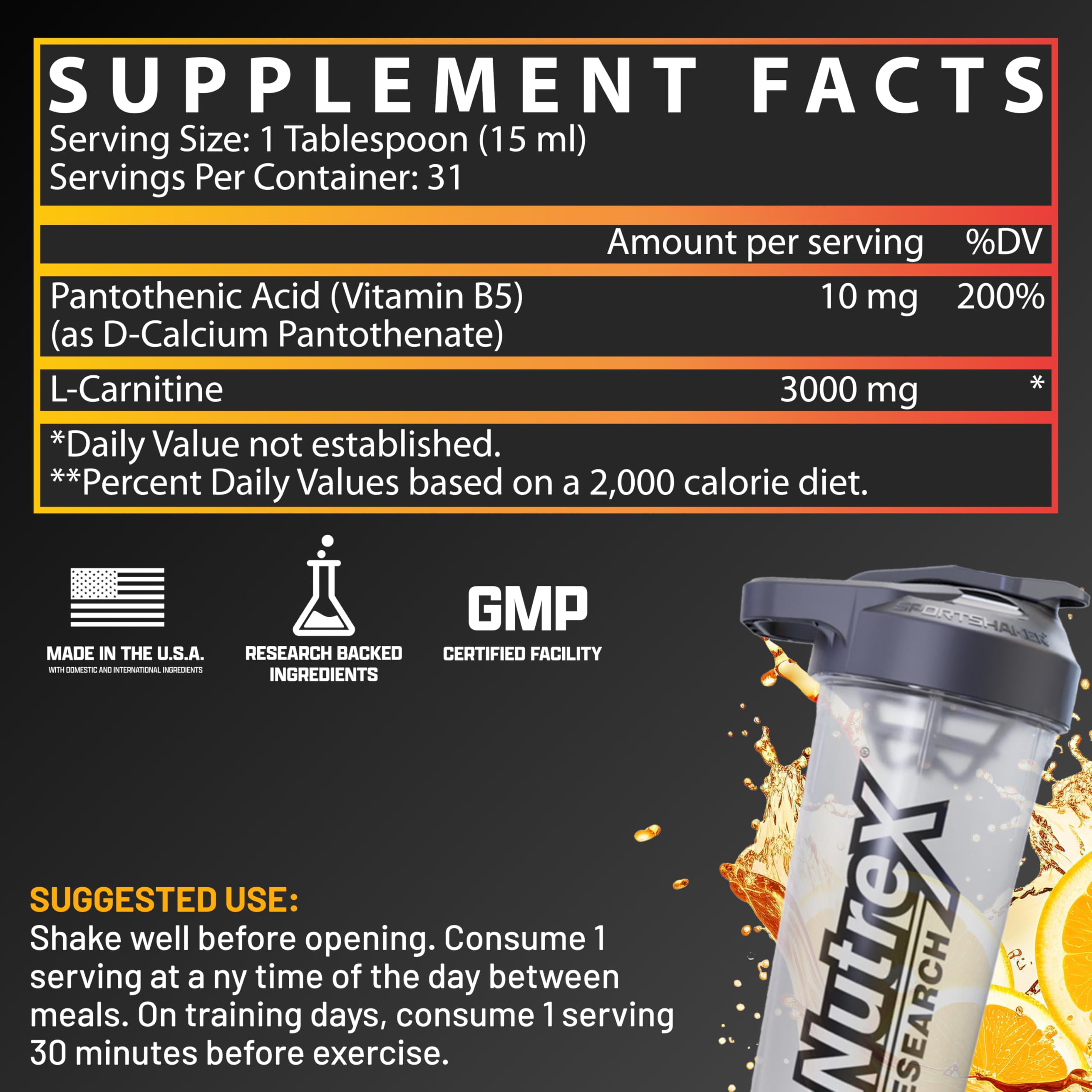 Nutrex Liquid Carnitine 3000 pour action illustrating quick absorption for workouts