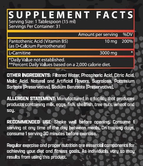 Nutrex Liquid Carnitine 3000 bottle side highlights stimulant-free energy lift