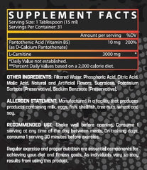 Nutrex Liquid Carnitine 3000 bottle side highlights stimulant-free energy lift