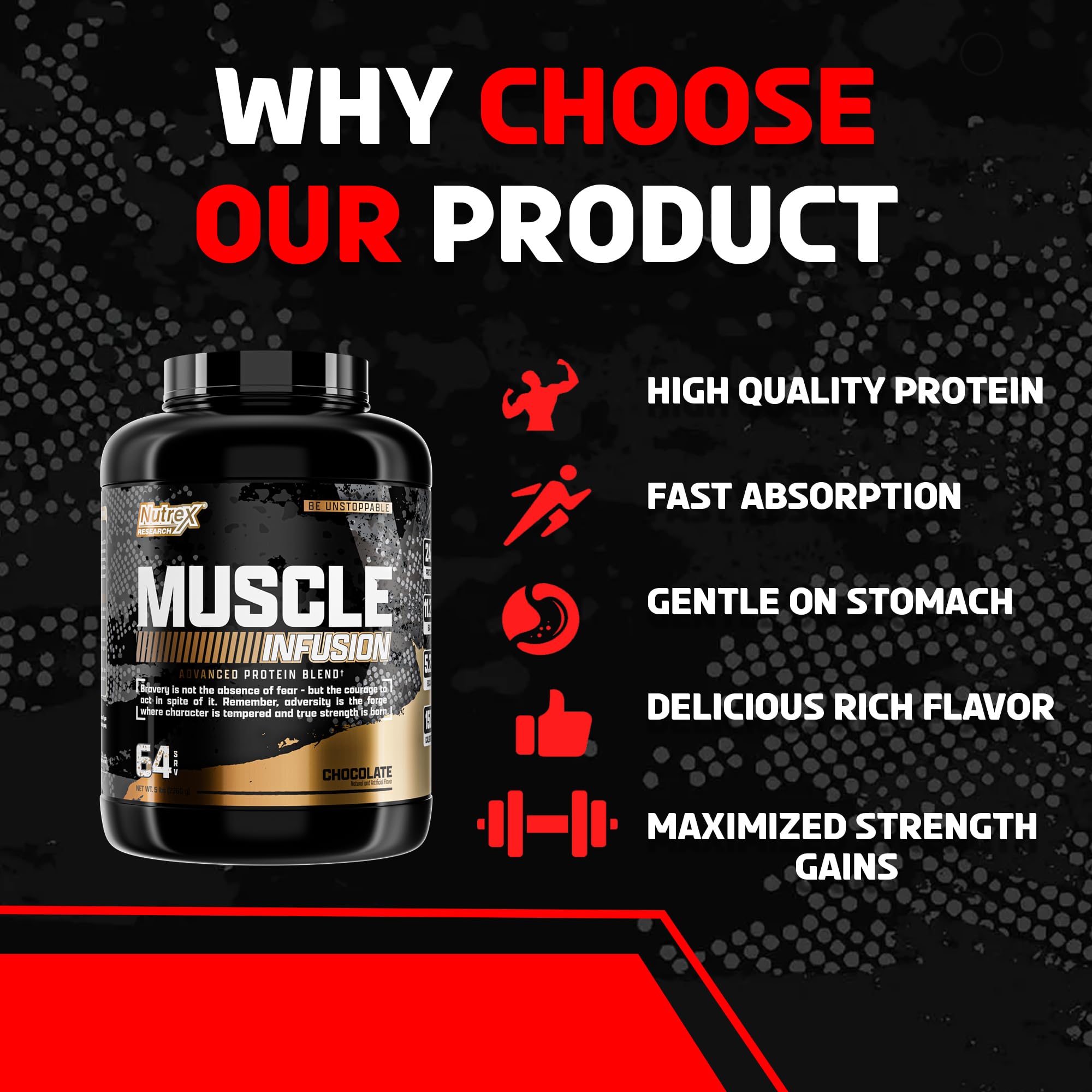 Nutrex Muscle Infusion shake in glass reveals rich chocolate flavor.
