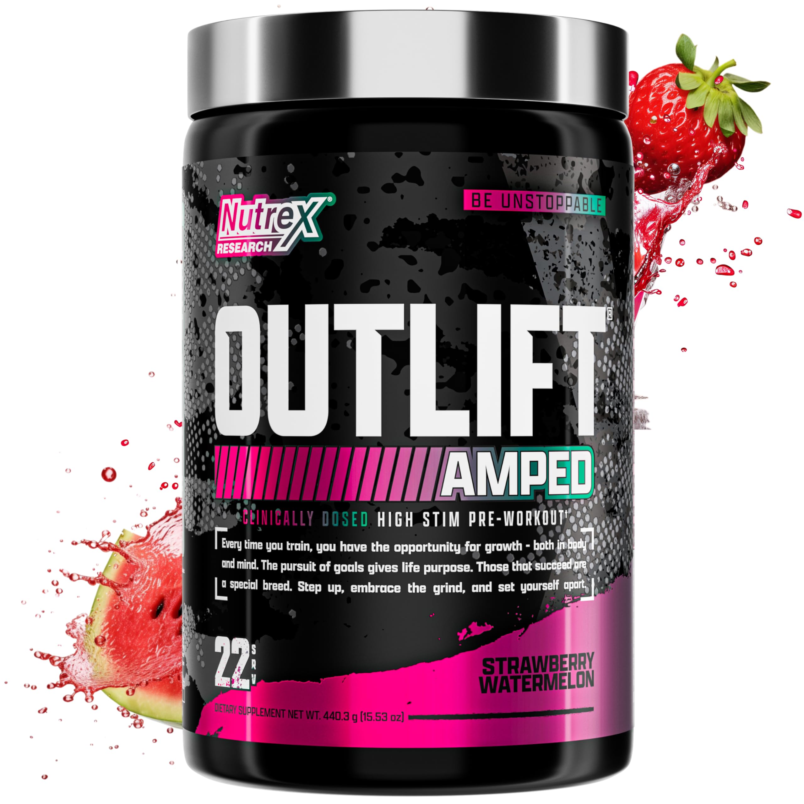 Nutrex OUTLIFT Amped bottle pouring powder for fast energy during workouts.