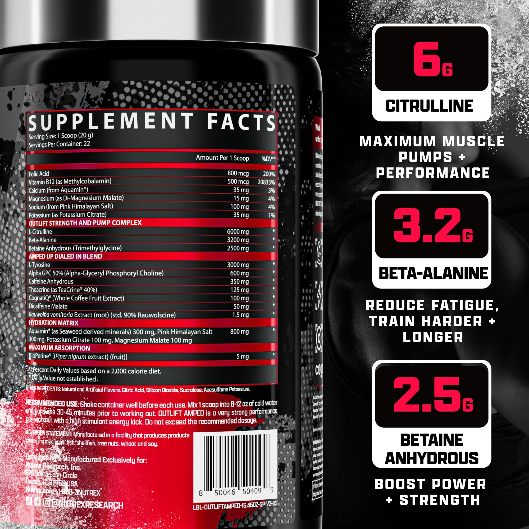 Nutrex OUTLIFT Amped ingredients panel confirms electrolytes and performance support.