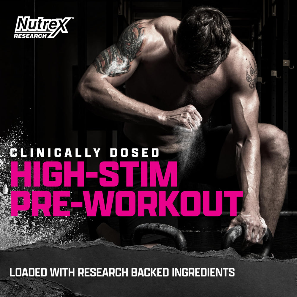 Nutrex OUTLIFT Amped powder scoop highlighting high-stim formula and focus.