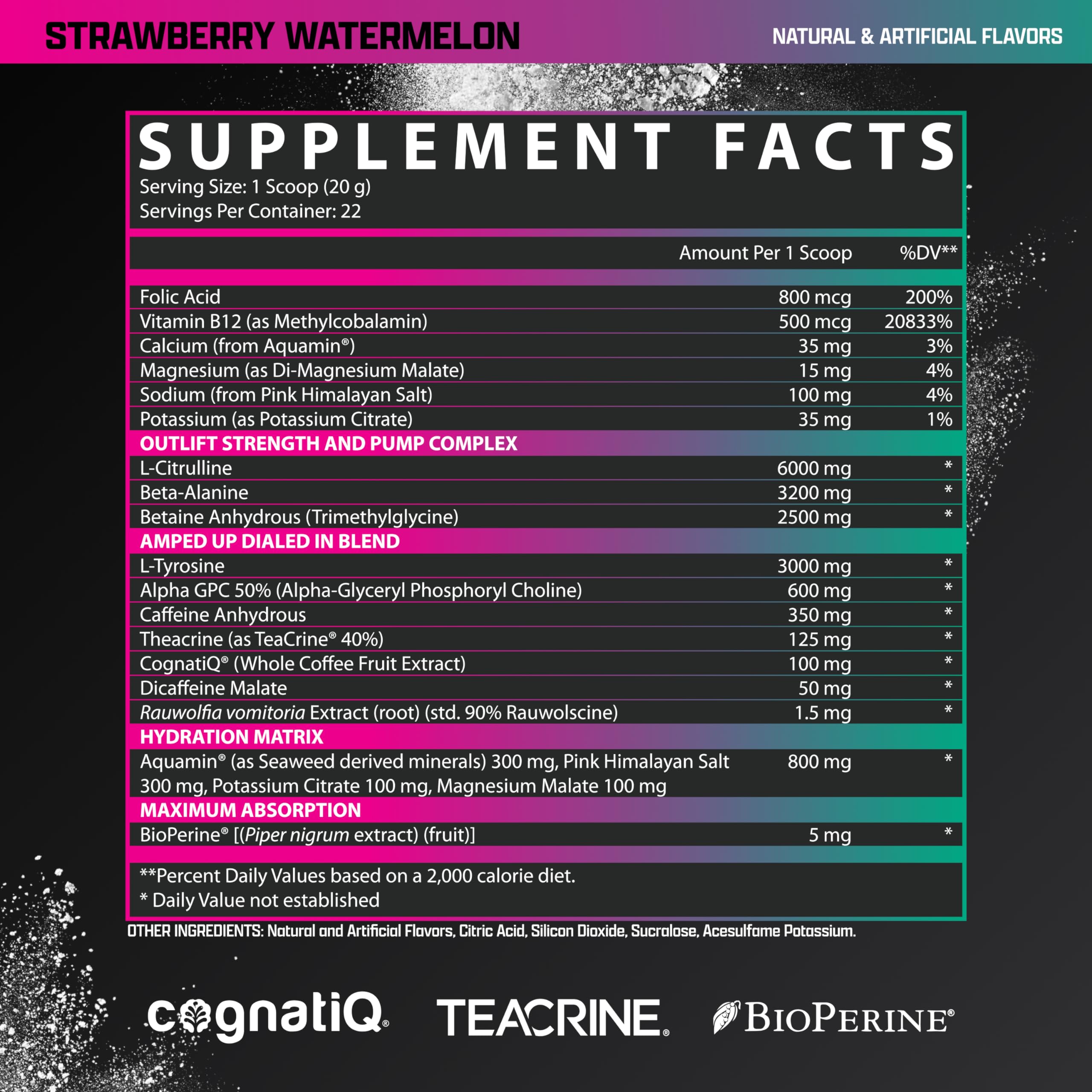 Nutrex OUTLIFT Amped packaging with strawberry-watermelon flavor visuals.
