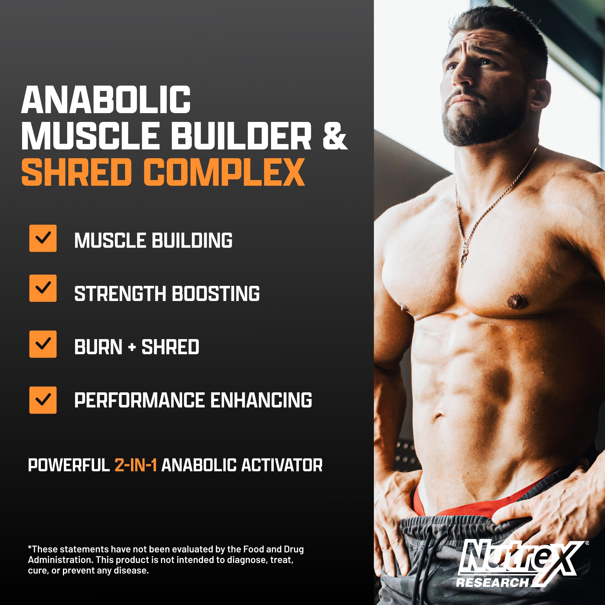 Nutrex Research Anabol Ripped bottle label closeup reveals ingredients for performance.