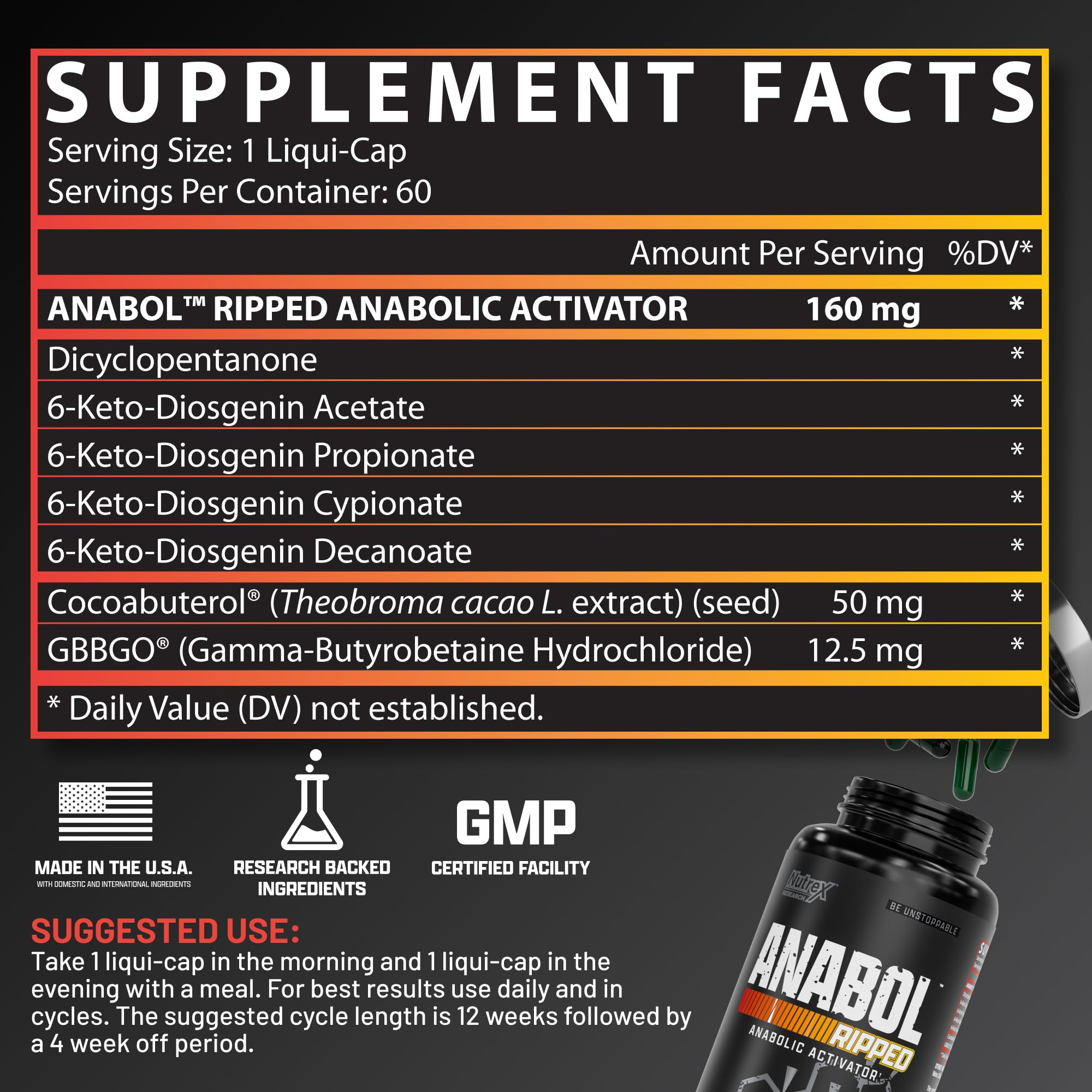 Nutrex Research Anabol Ripped capsules closeup shows easy daily dosing for workouts.