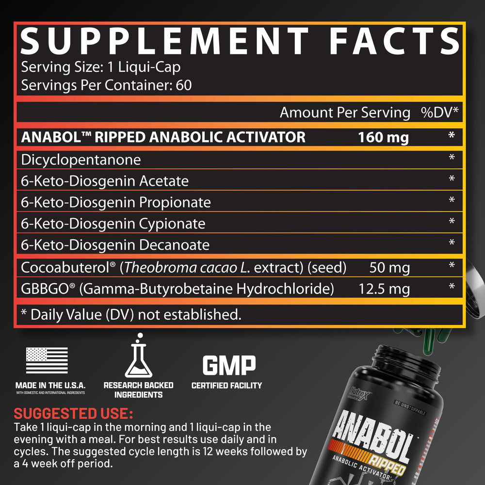 Nutrex Research Anabol Ripped capsules closeup shows easy daily dosing for workouts.