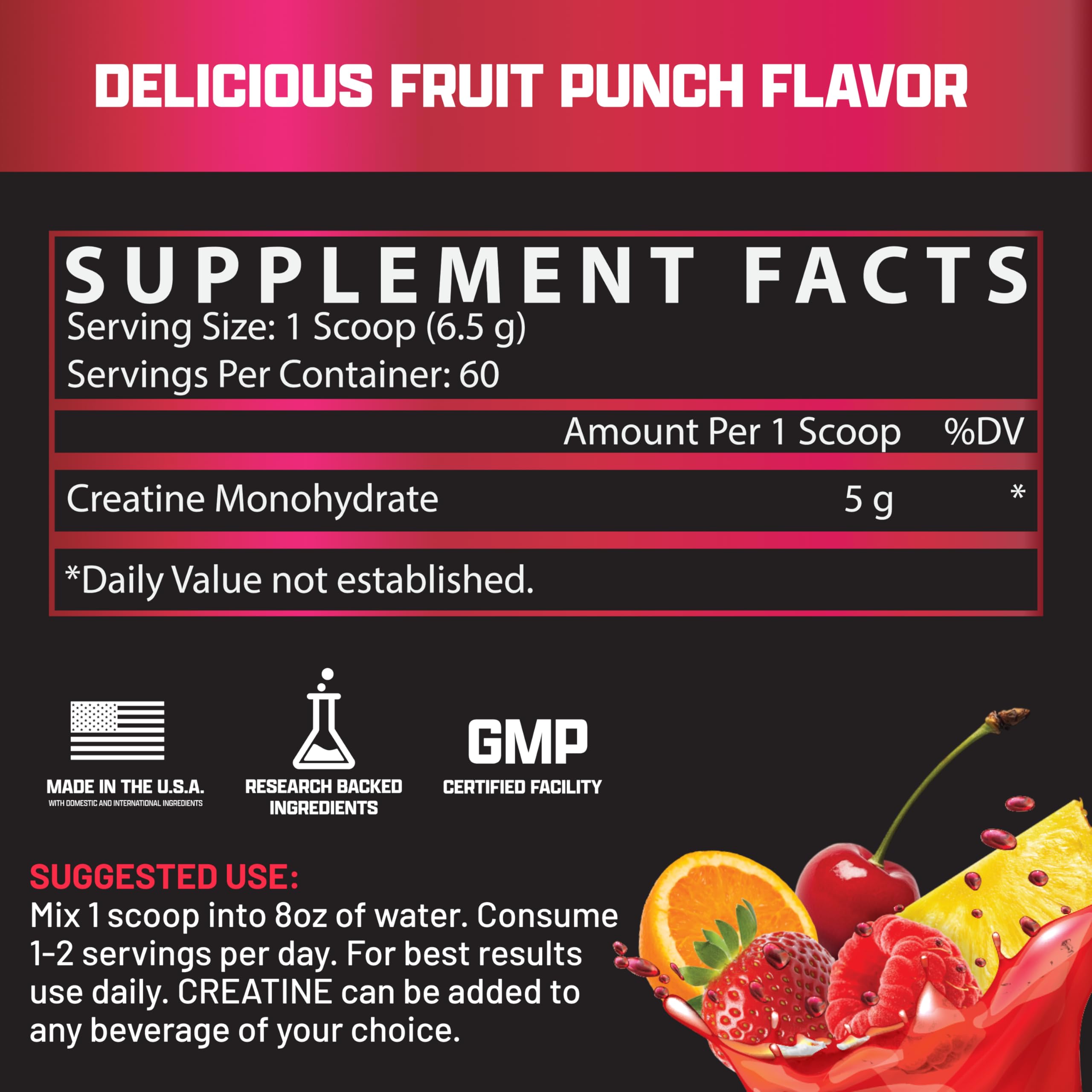 Nutrex Research Creatine Fruit Punch bottle pour showcases convenient post-workout mixing.