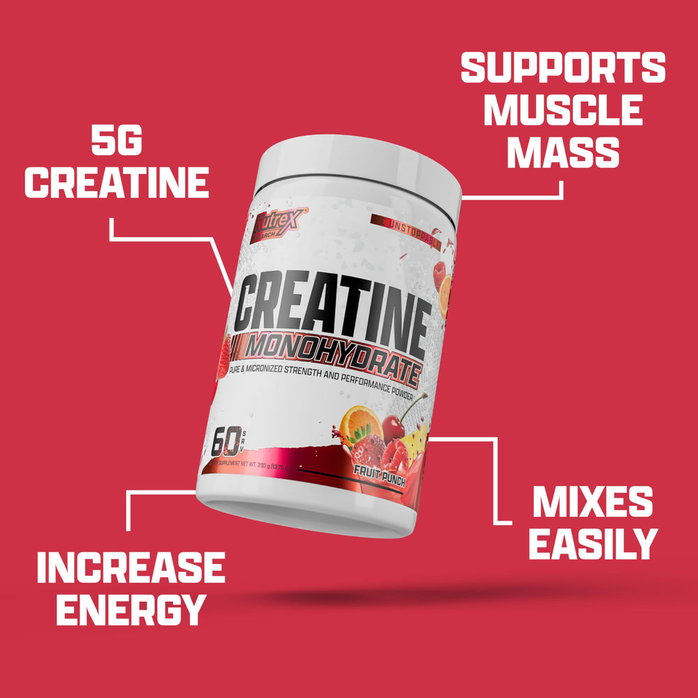 Nutrex Research Creatine Fruit Punch powder blends easily in water for a clean taste.