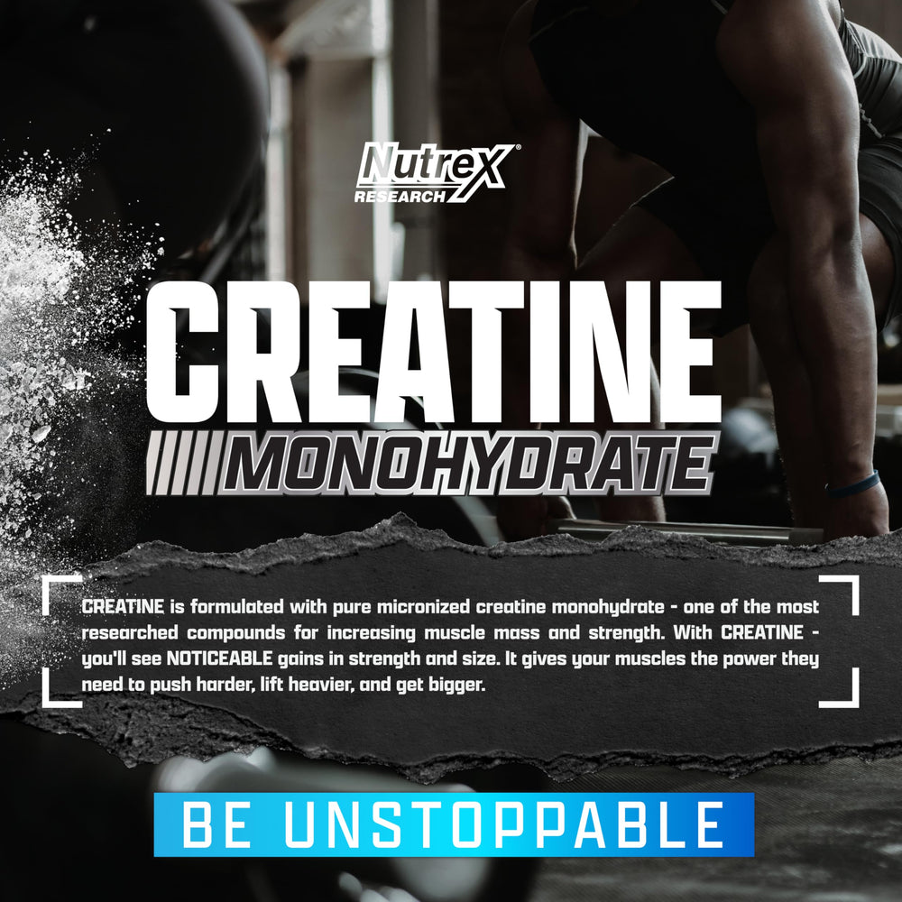 Easy-to-mix Nutrex Creatine Monohydrate powder for pre- or post-workout use