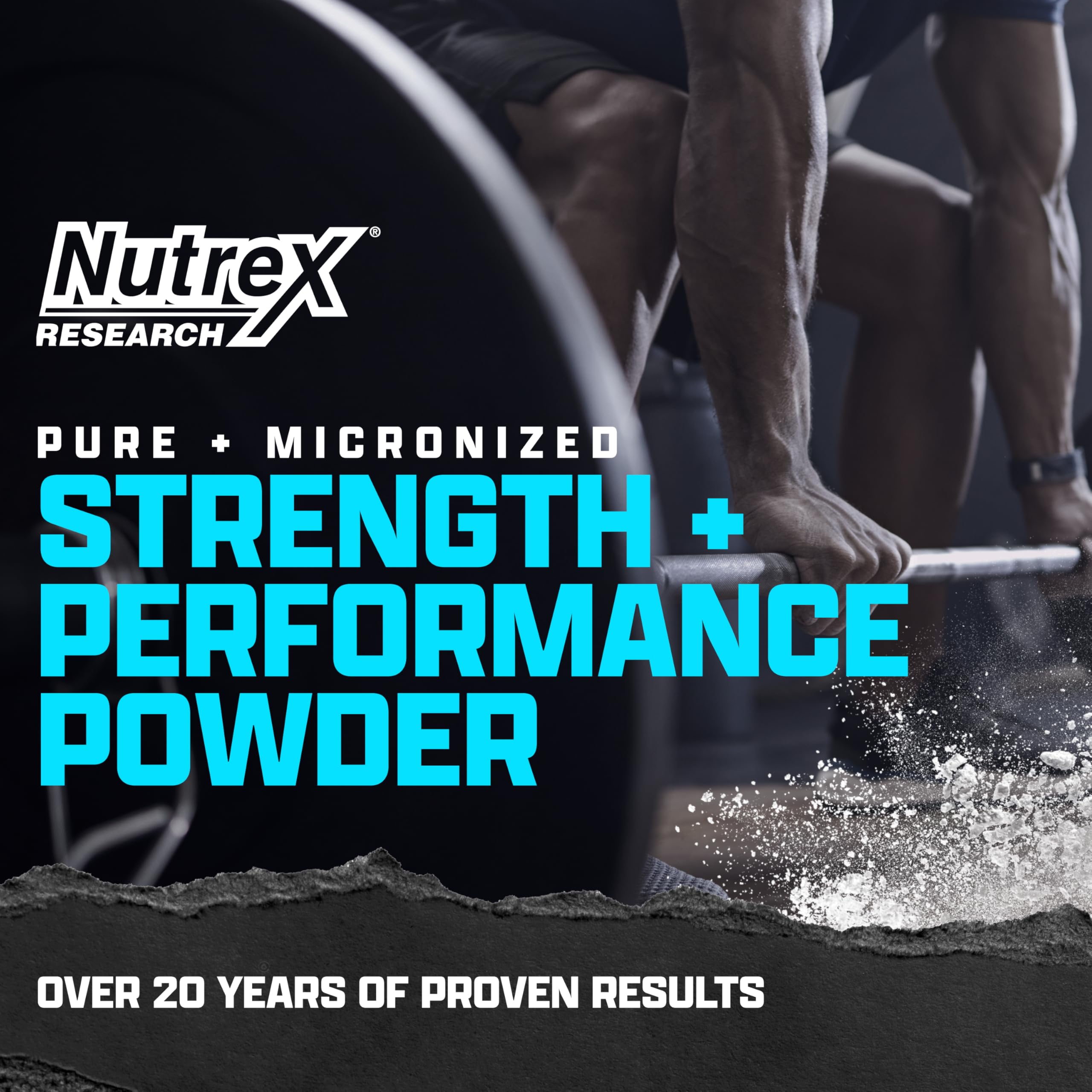 Nutrex Research Creatine Monohydrate powder close-up highlighting micronized texture for smooth mixing.