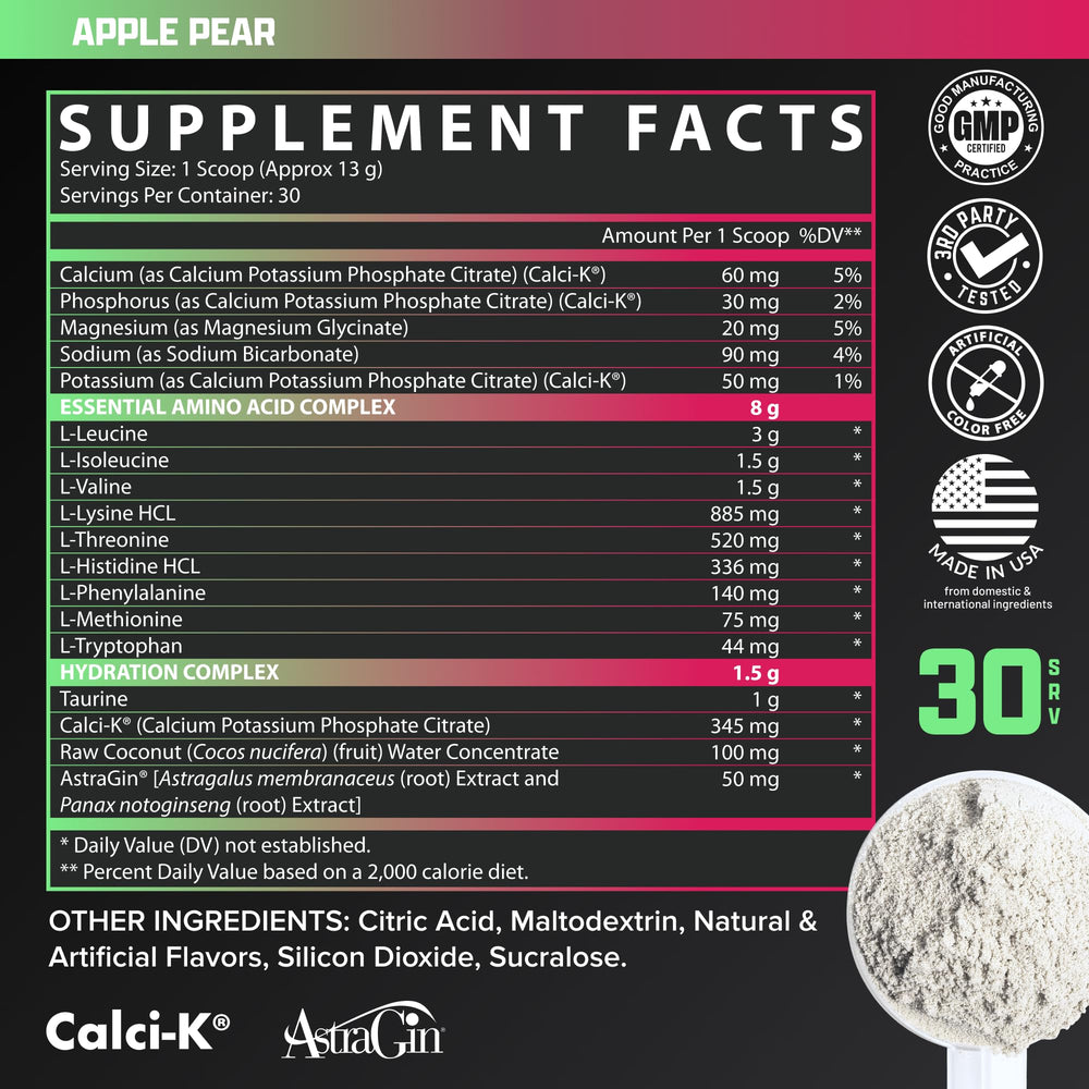 Nutrex EAA Hydration nutrition facts panel with Apple Pear flavor.