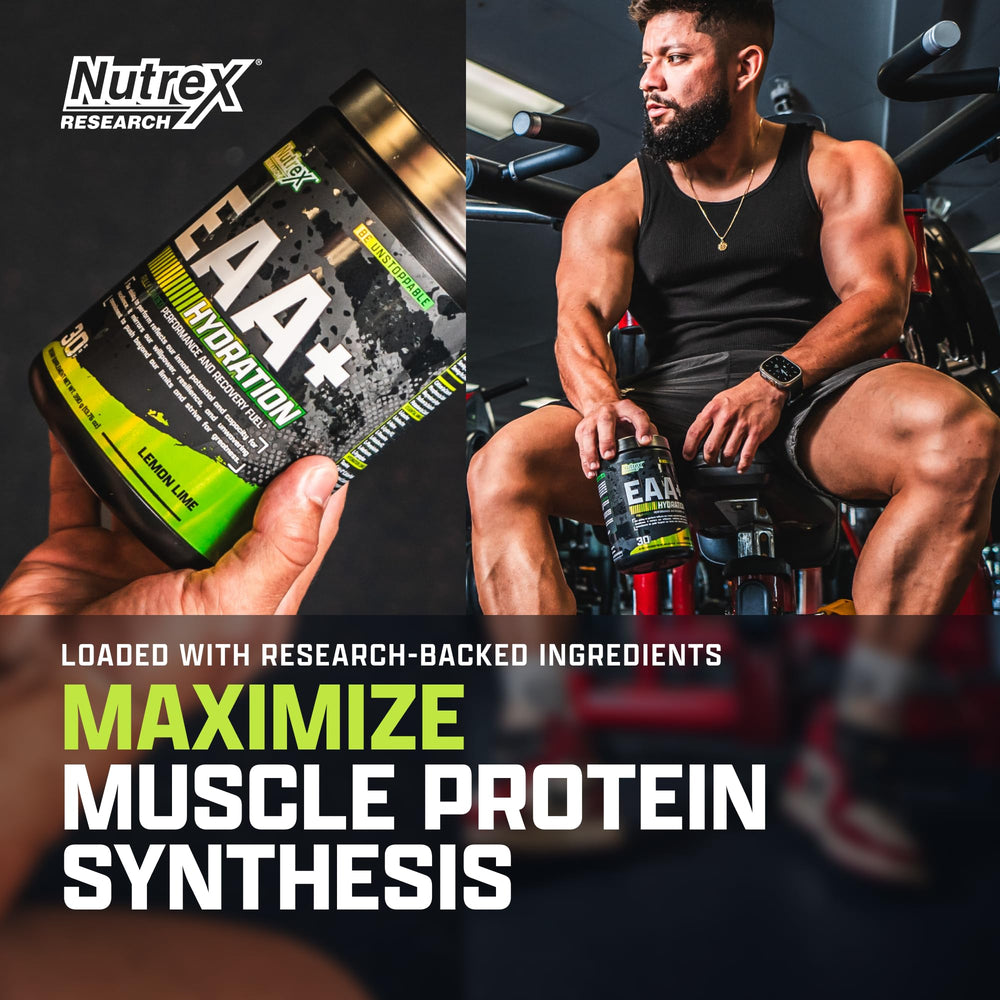 Nutrex Research EAA Hydration glass with a refreshing lemon lime drink.