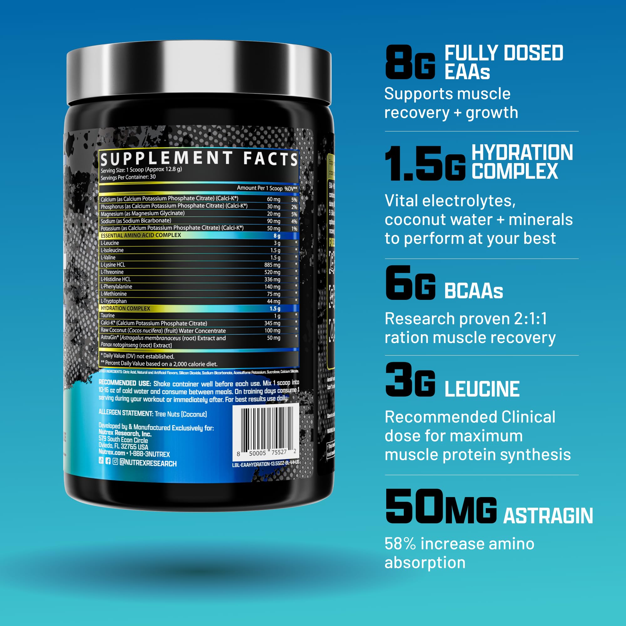 Nutrex EAA Hydration glass with powder ready to mix during workouts