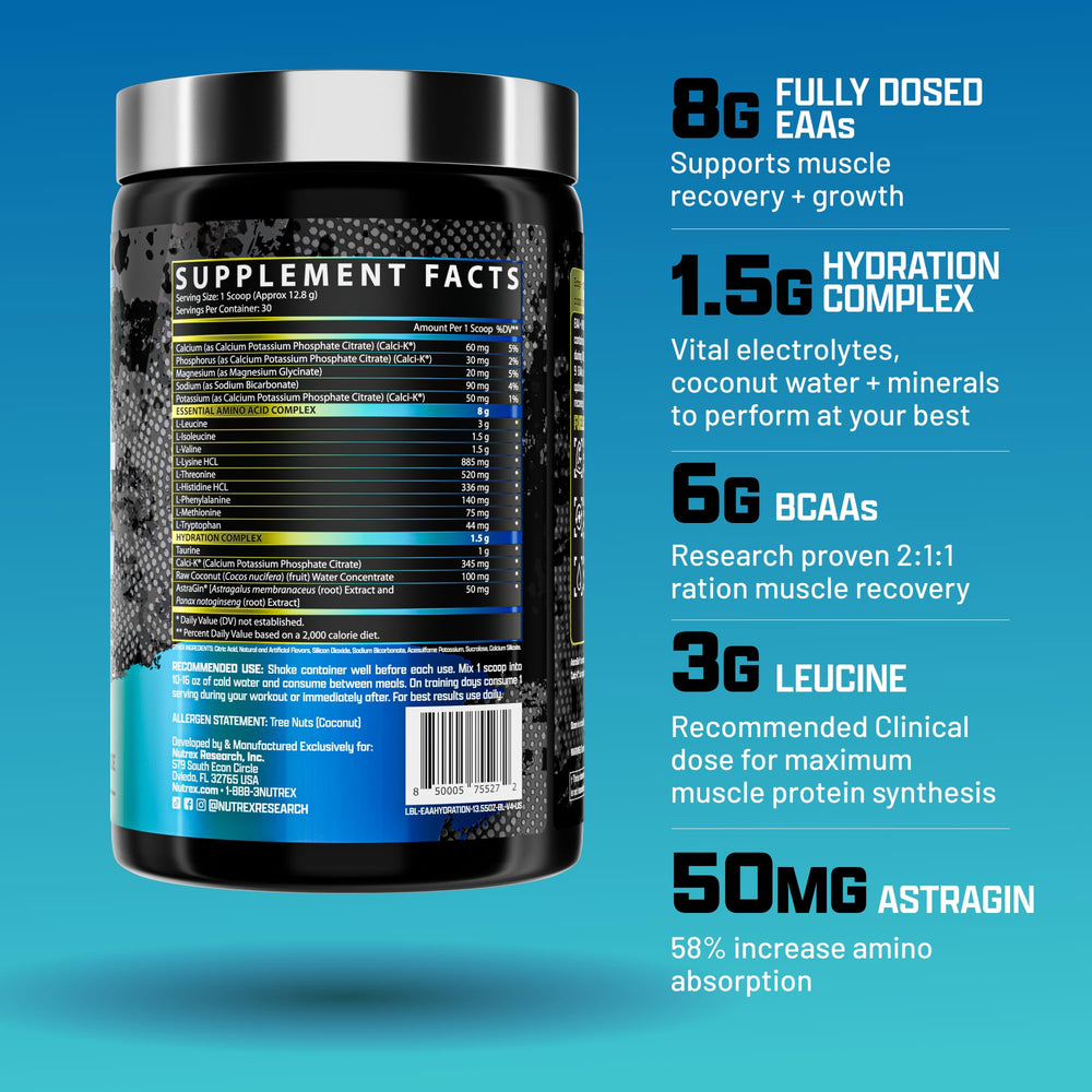 Nutrex EAA Hydration glass with powder ready to mix during workouts