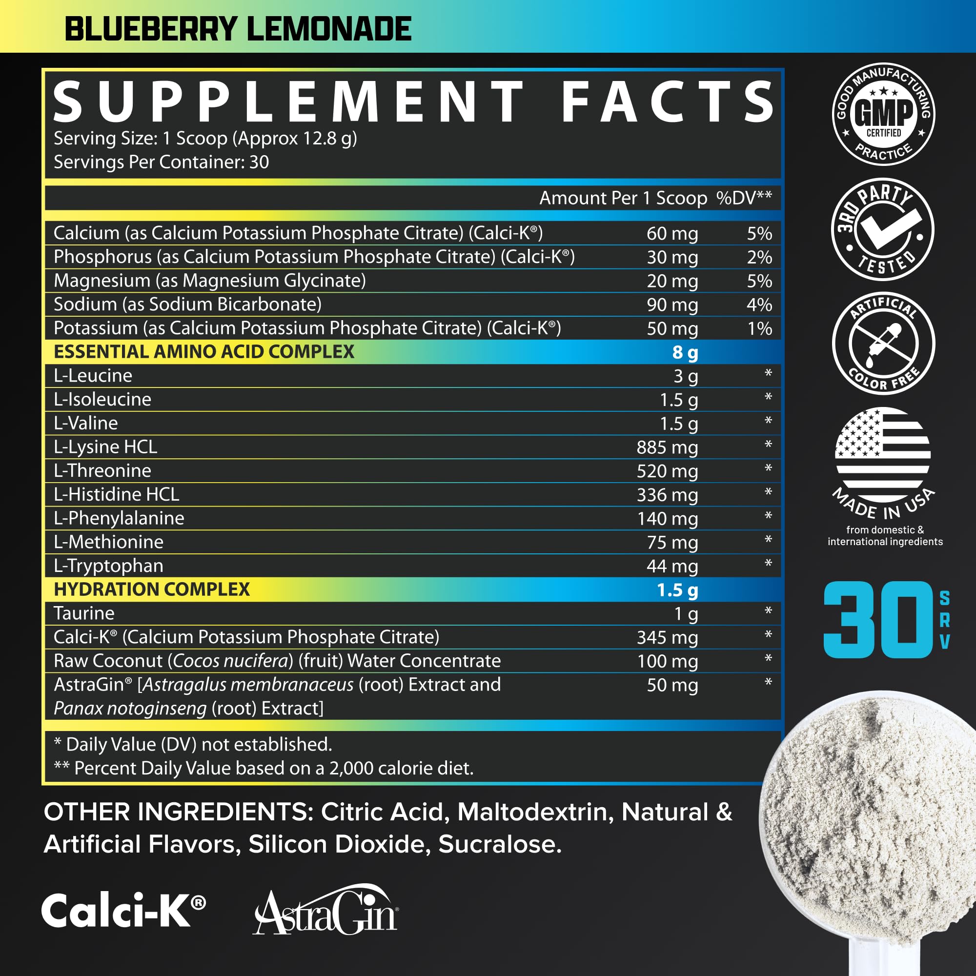 Nutrex Research EAA Hydration ingredients list close-up on packaging