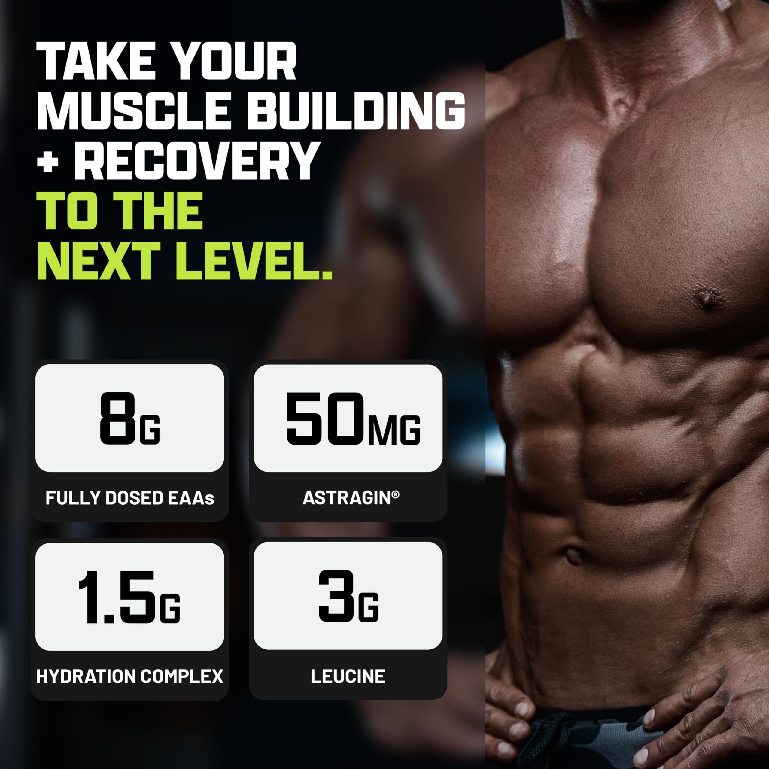 Nutrex Research EAA Hydration packaging close-up highlighting ingredients.