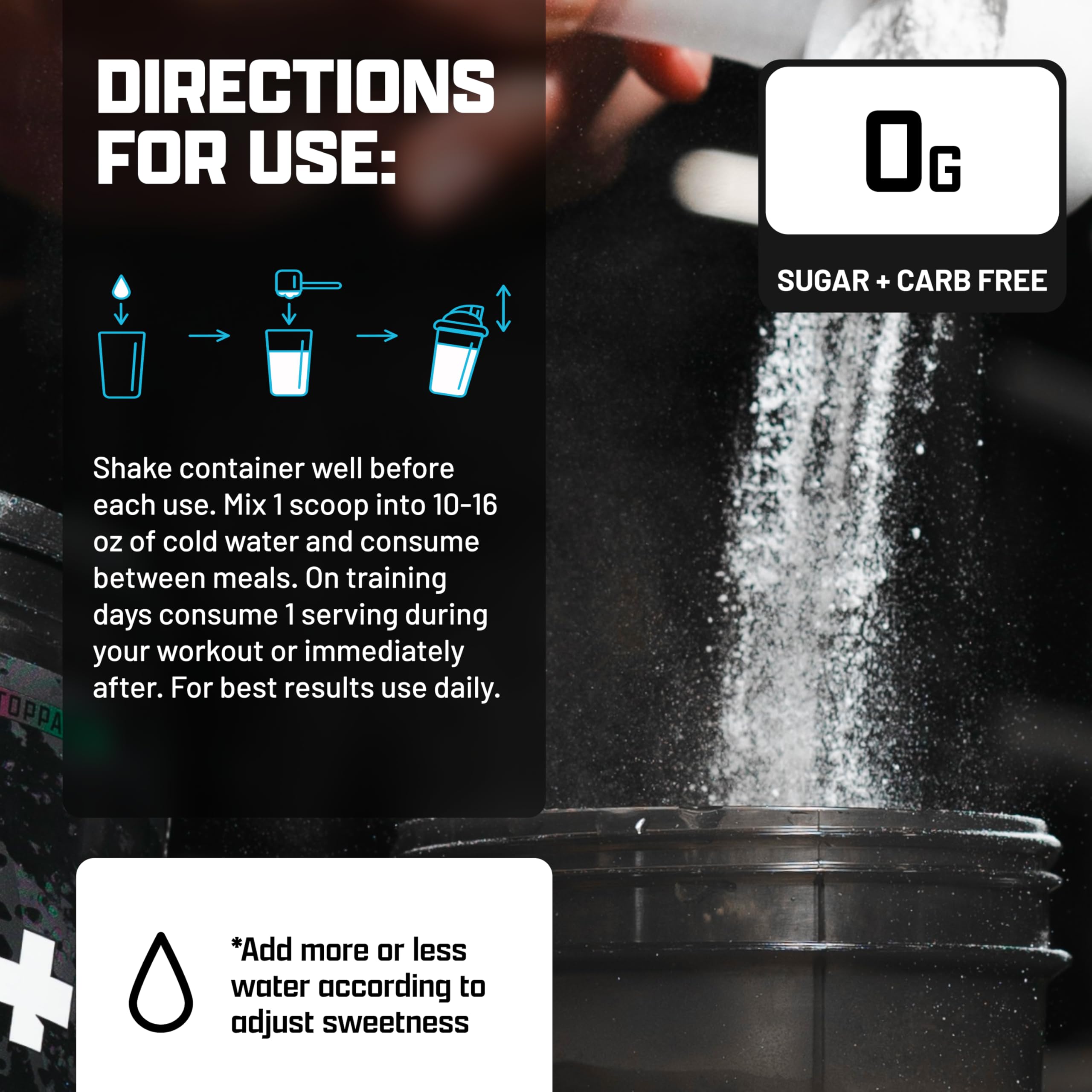 Nutrex EAA Hydration powder being poured for on‑the‑go use