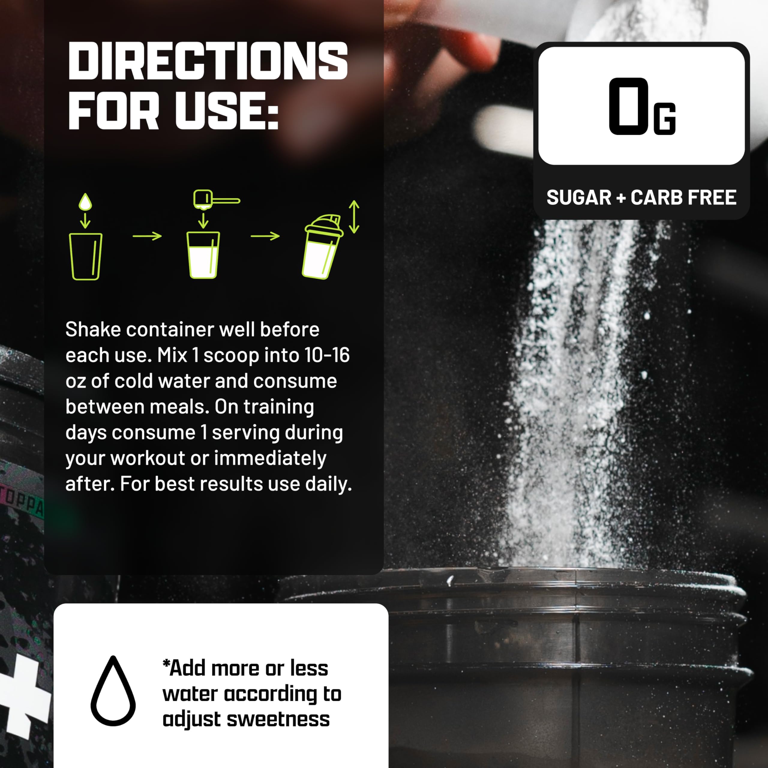 Nutrex Research EAA Hydration being stirred for quick dissolve in water.