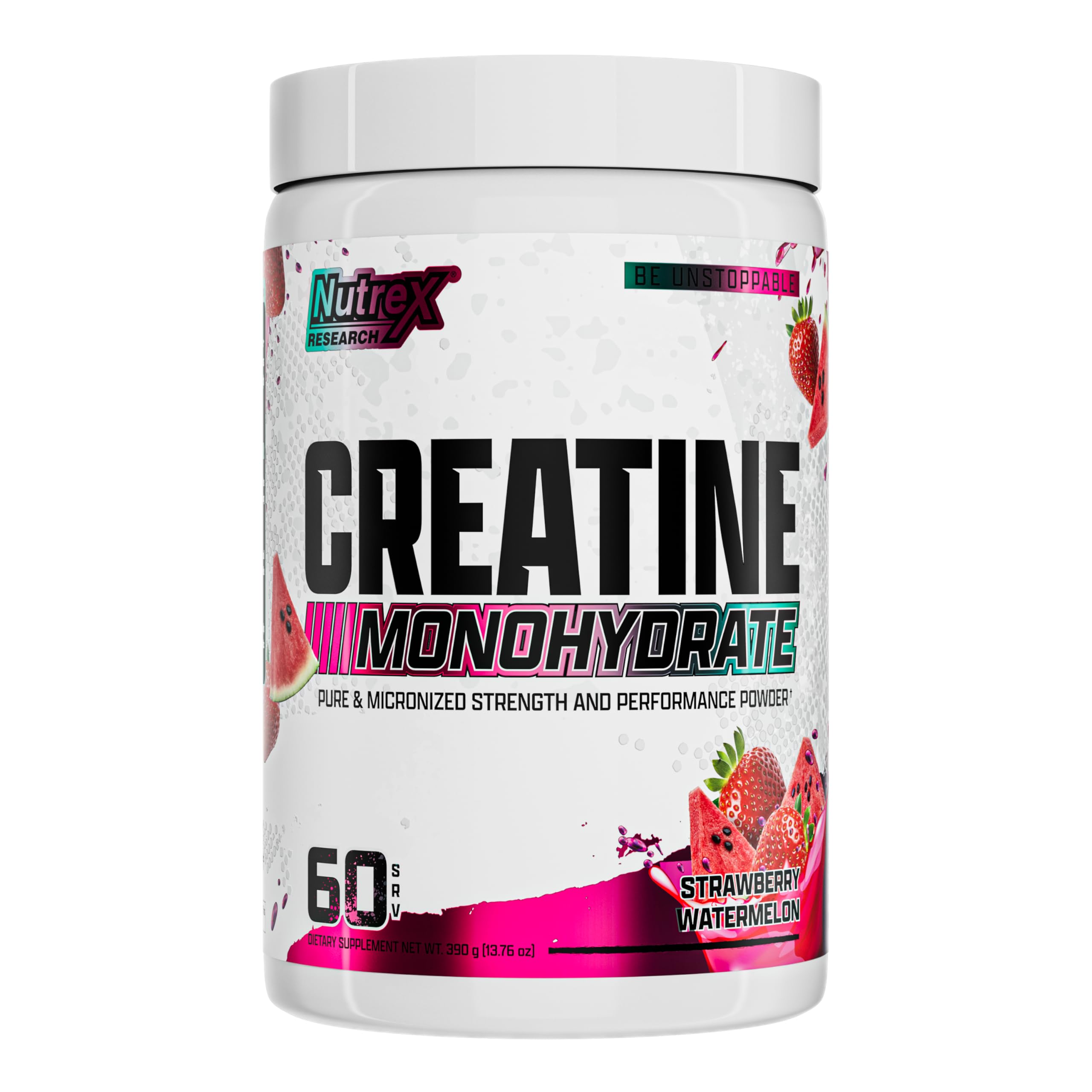 Nutrex Research strawberry watermelon flavored creatine powder bottle ready for workouts