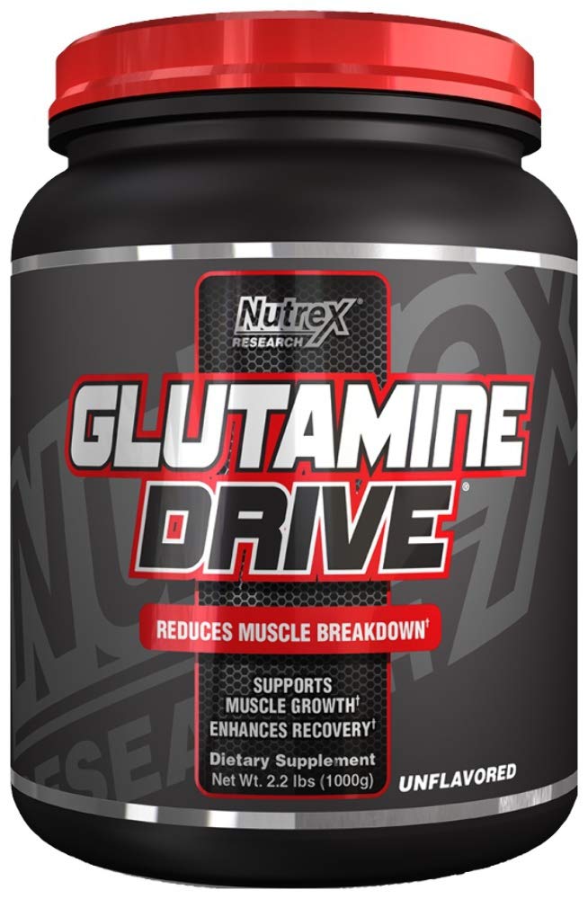 Nutrex Research L-Glutamine Powder bottle, unflavored, supports recovery and easy stacking.