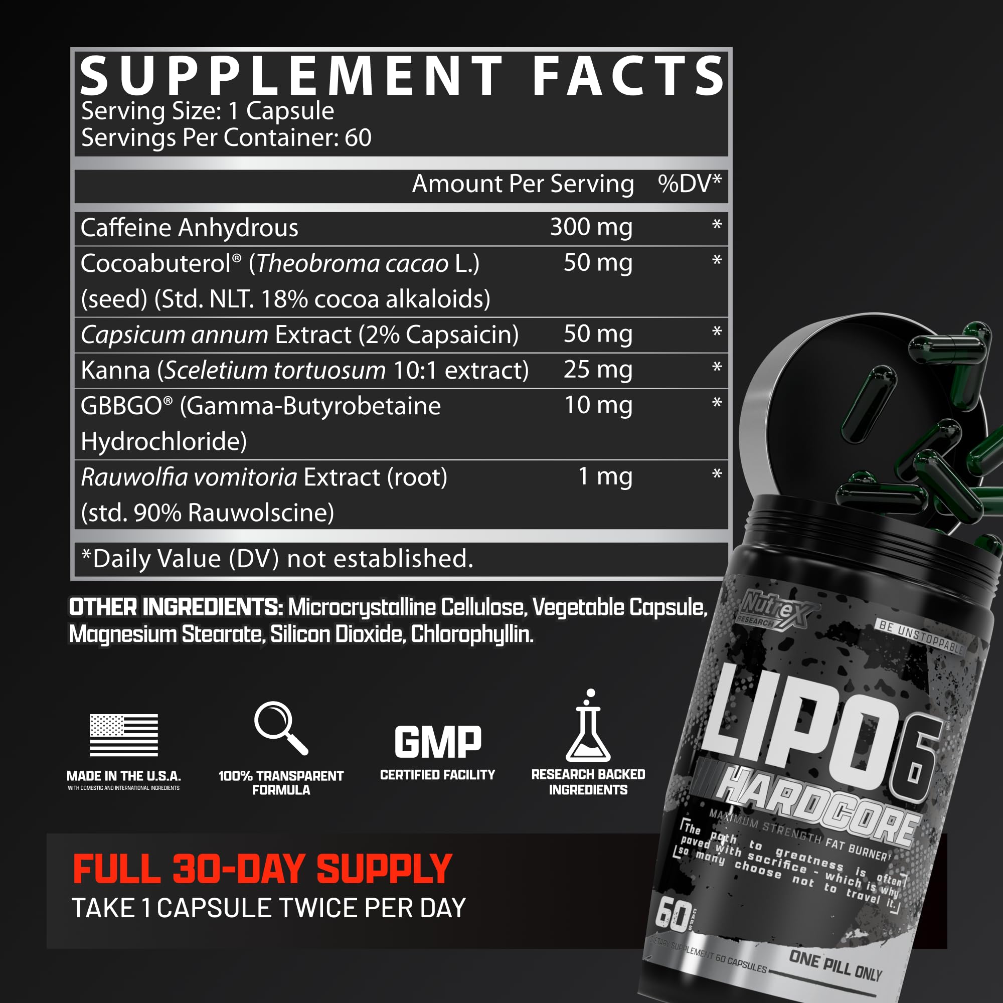 Nutrex Lipo-6 Hardcore bottle on a matte surface with energetic vibe