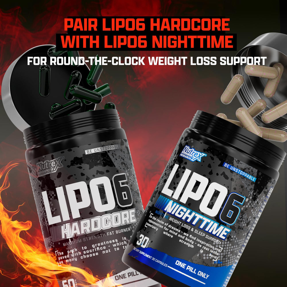 Nutrex Lipo-6 Hardcore workout-ready setup beside a water bottle