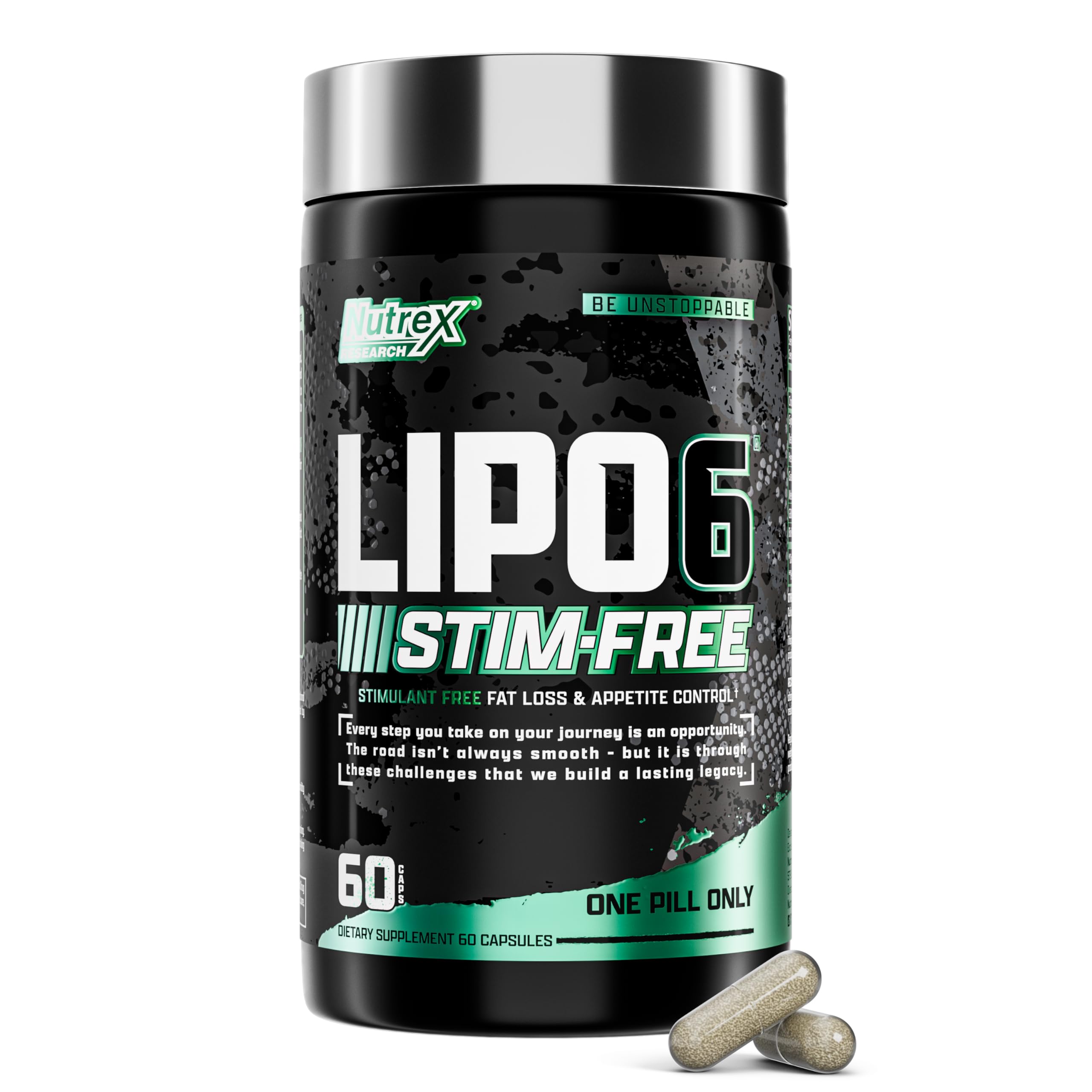 Nutrex Research LIPO SIX Stim-Free bottle highlighting stimulant-free metabolism support.
