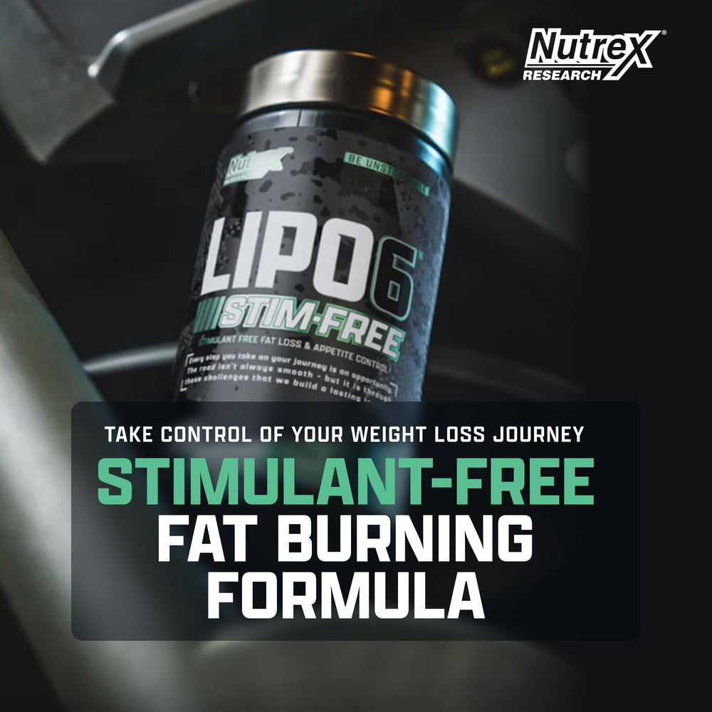 Nutrex Research LIPO SIX Stim-Free capsules ready for easy twice-daily dosing.