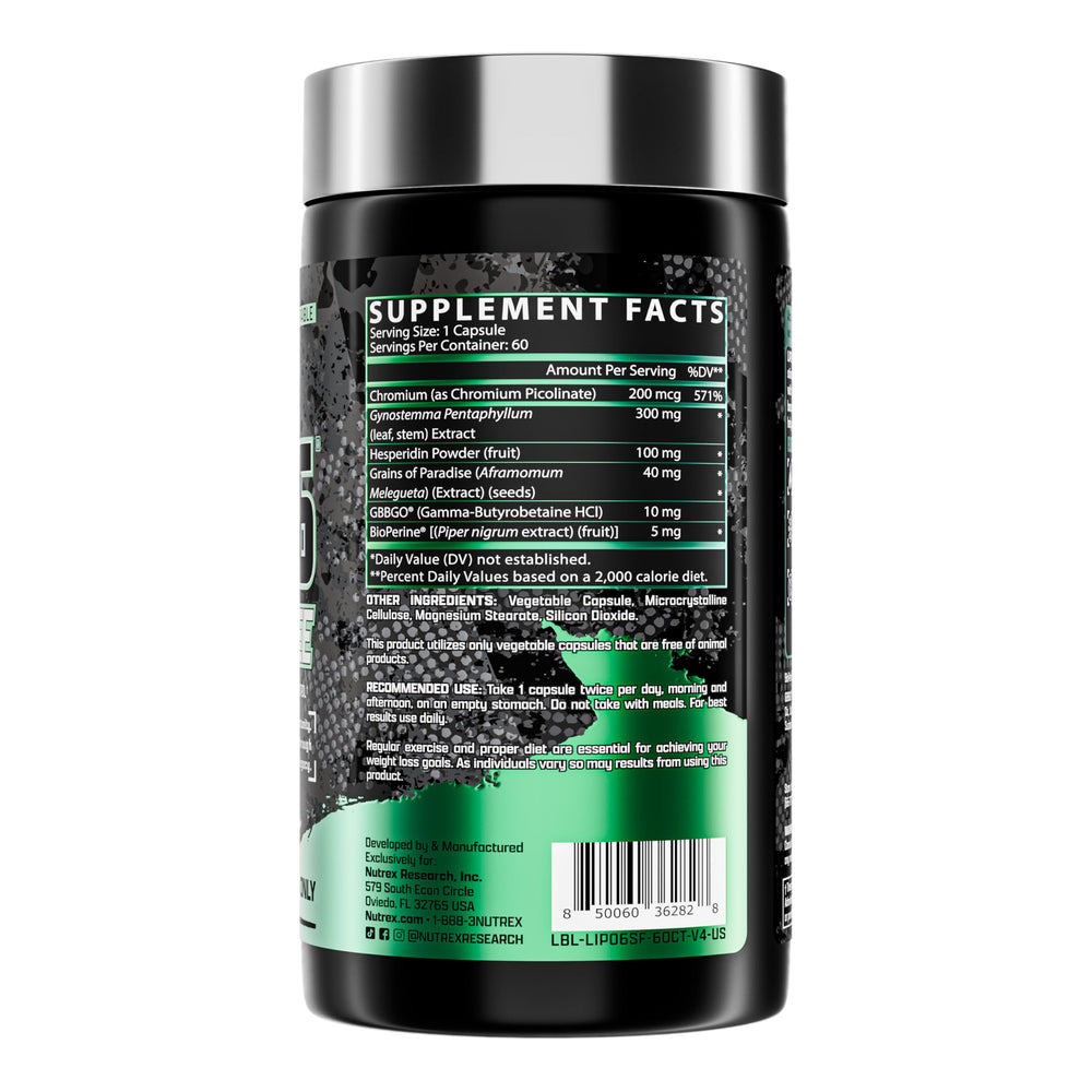 Nutrex Research LIPO SIX Stim-Free daily-dose image showing morning and evening intake.