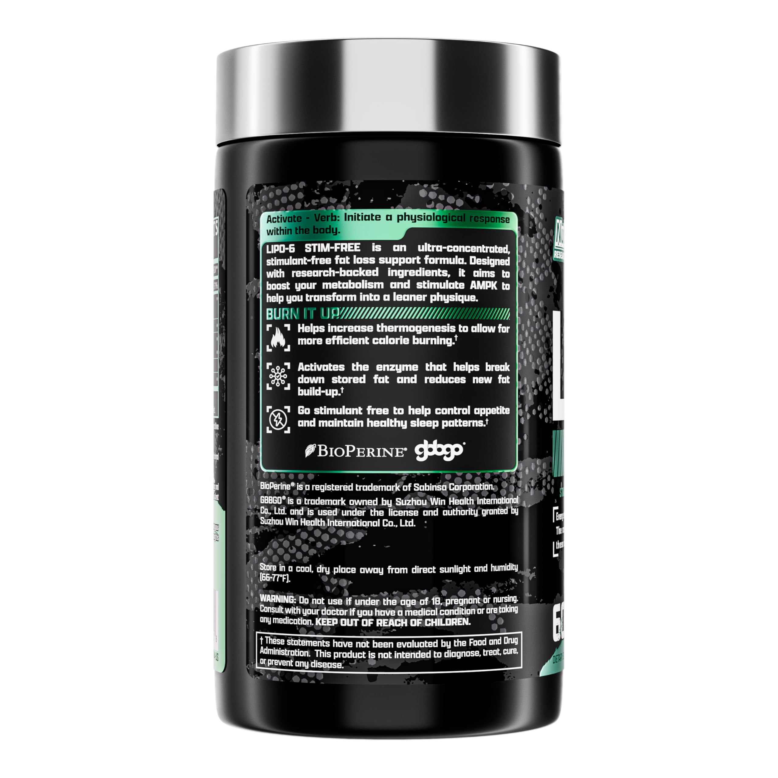 Nutrex Research LIPO SIX Stim-Free packaging on a shelf for convenient daily use.