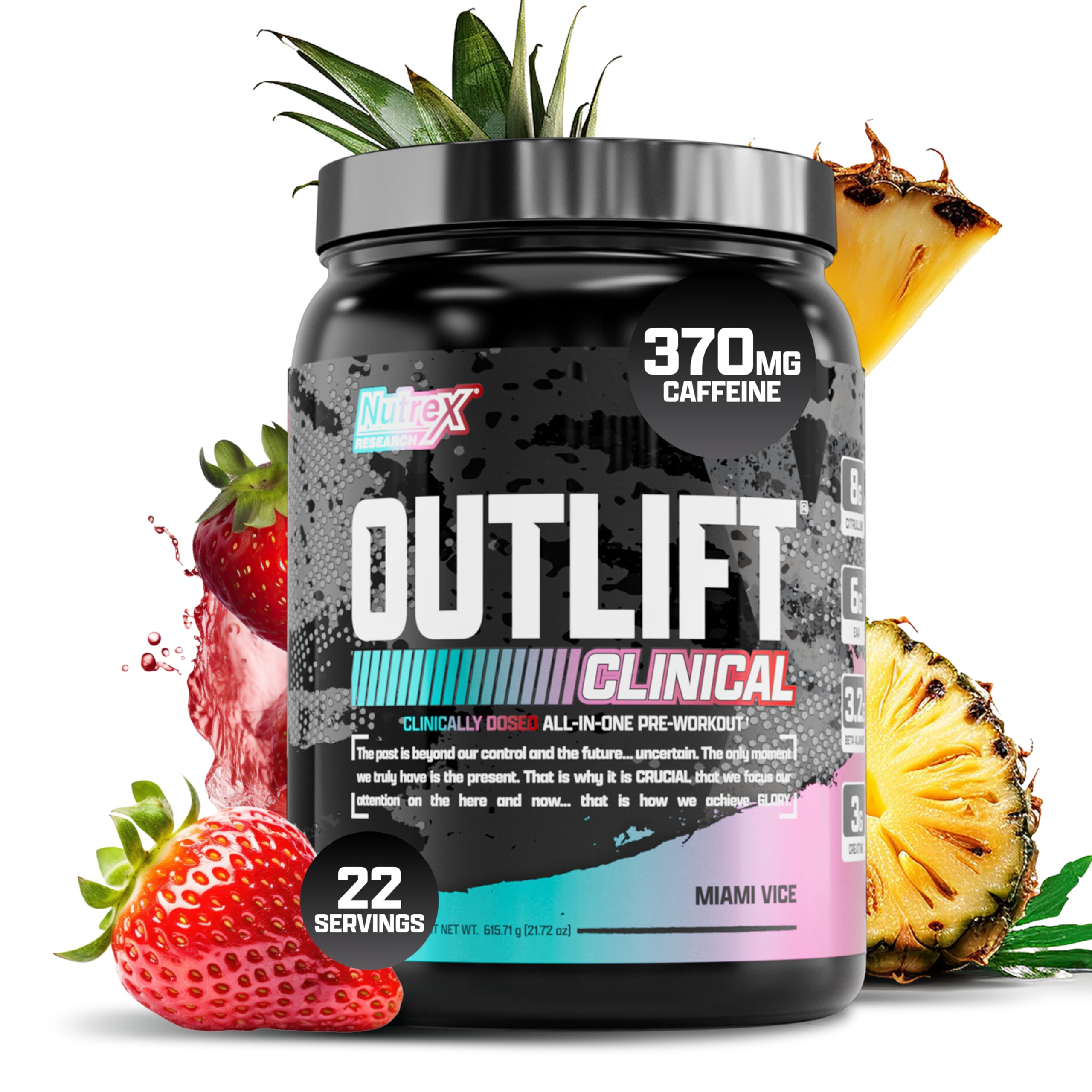 Nutrex Research Outlift Clinical bottle pouring powder to energize workouts.