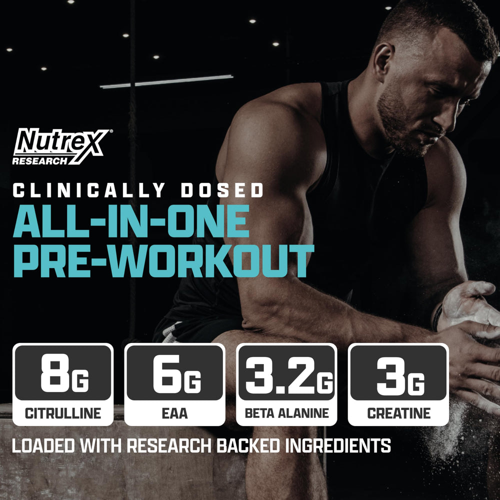 Nutrex Research Outlift Clinical tub opened, showing powder for intense training.