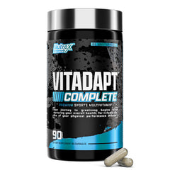 Nutrex Vitadapt bottle on gym bench supports daily performance and recovery.