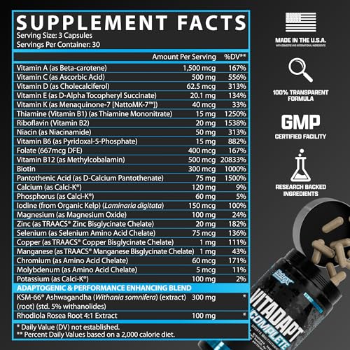 Nutrex Vitadapt capsules close-up highlighting complete multivitamin for athletes.