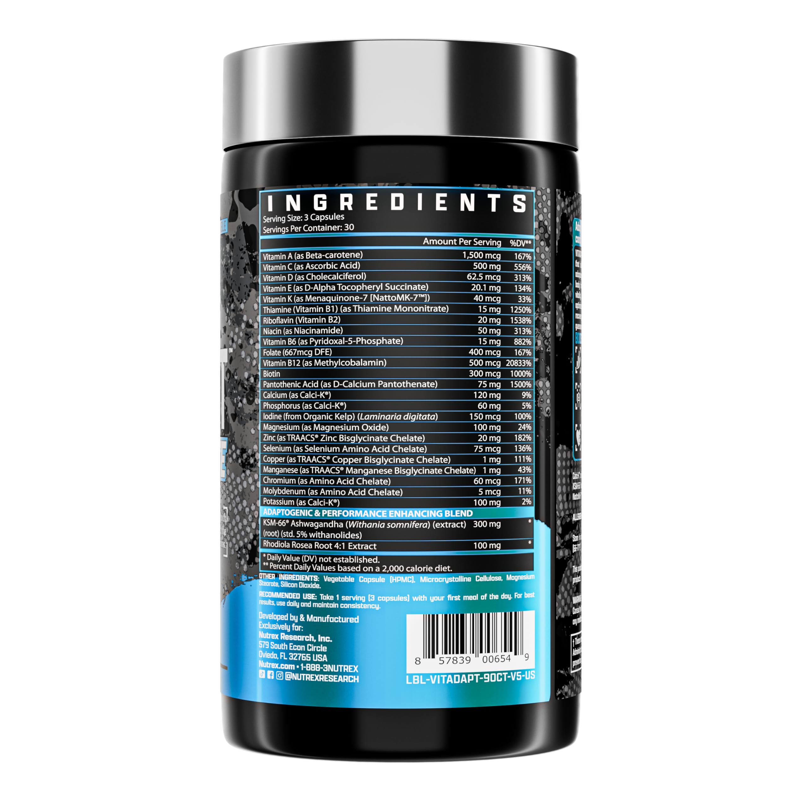 Nutrex Vitadapt ingredients label highlighting essential vitamins.