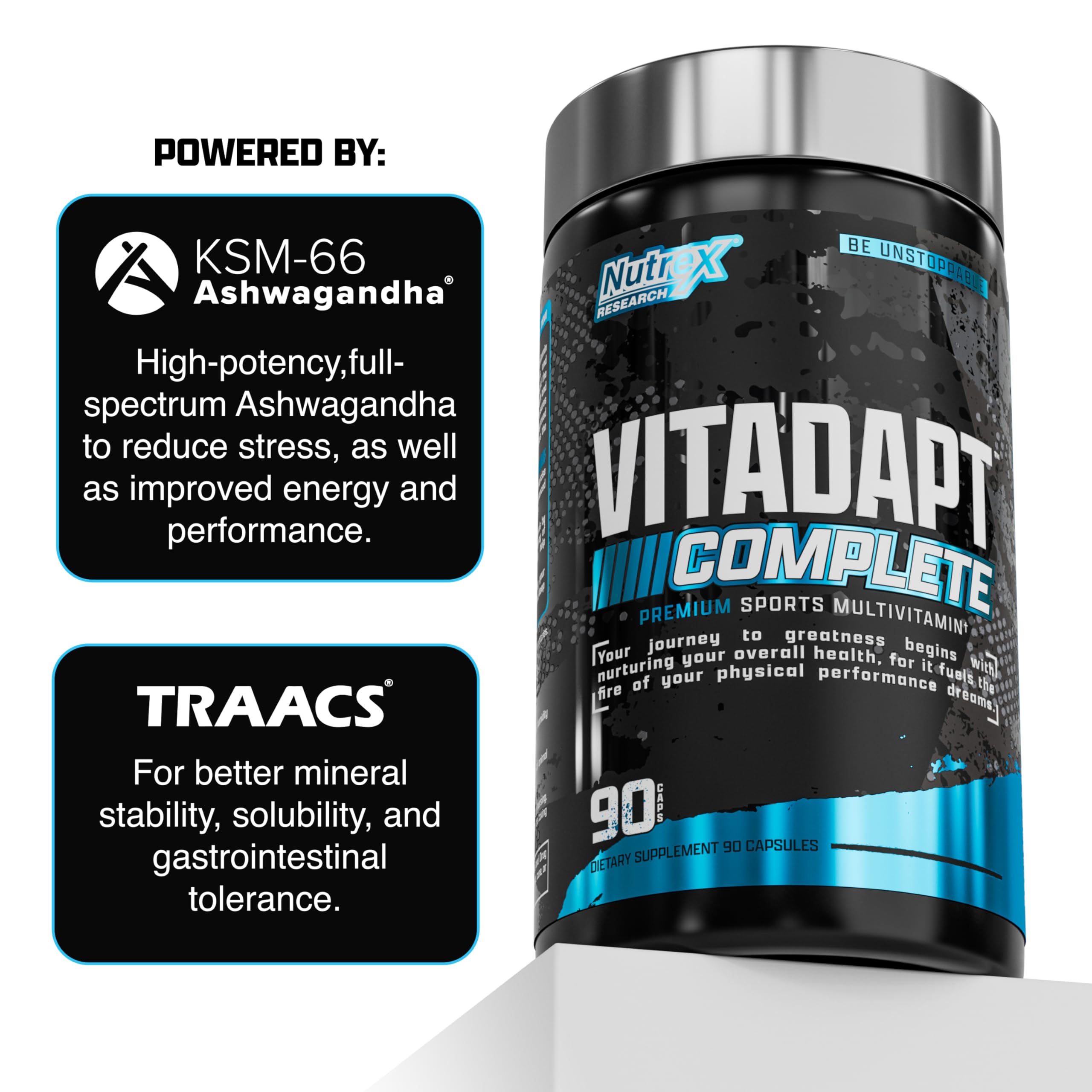 Nutrex Vitadapt label close-up showing 24 vitamins and minerals.