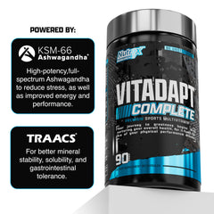 Nutrex Vitadapt label close-up showing 24 vitamins and minerals.