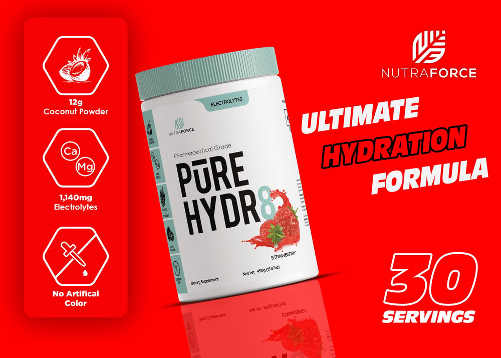 NutraForce Pure Hydr8 label front emphasizing coconut water infusion