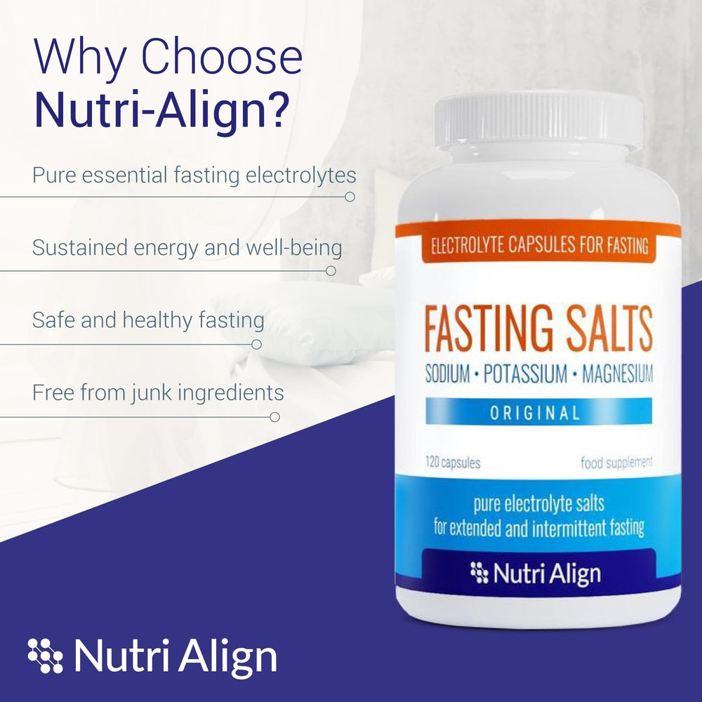 Nutri-Align Fasting Salts dosage card displaying convenient intake ranges.