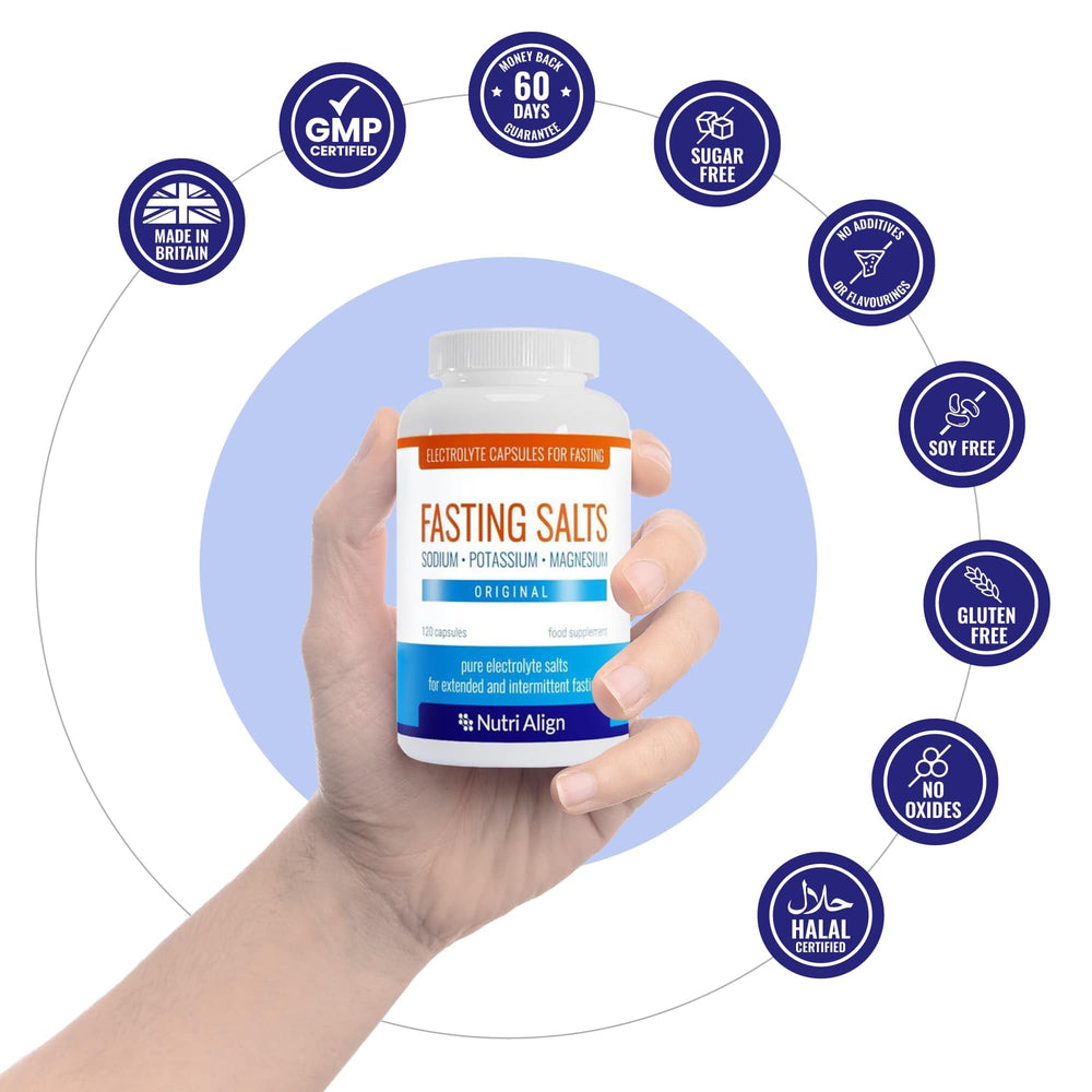 Nutri-Align Fasting Salts dosing in hand suggests easy daily use.
