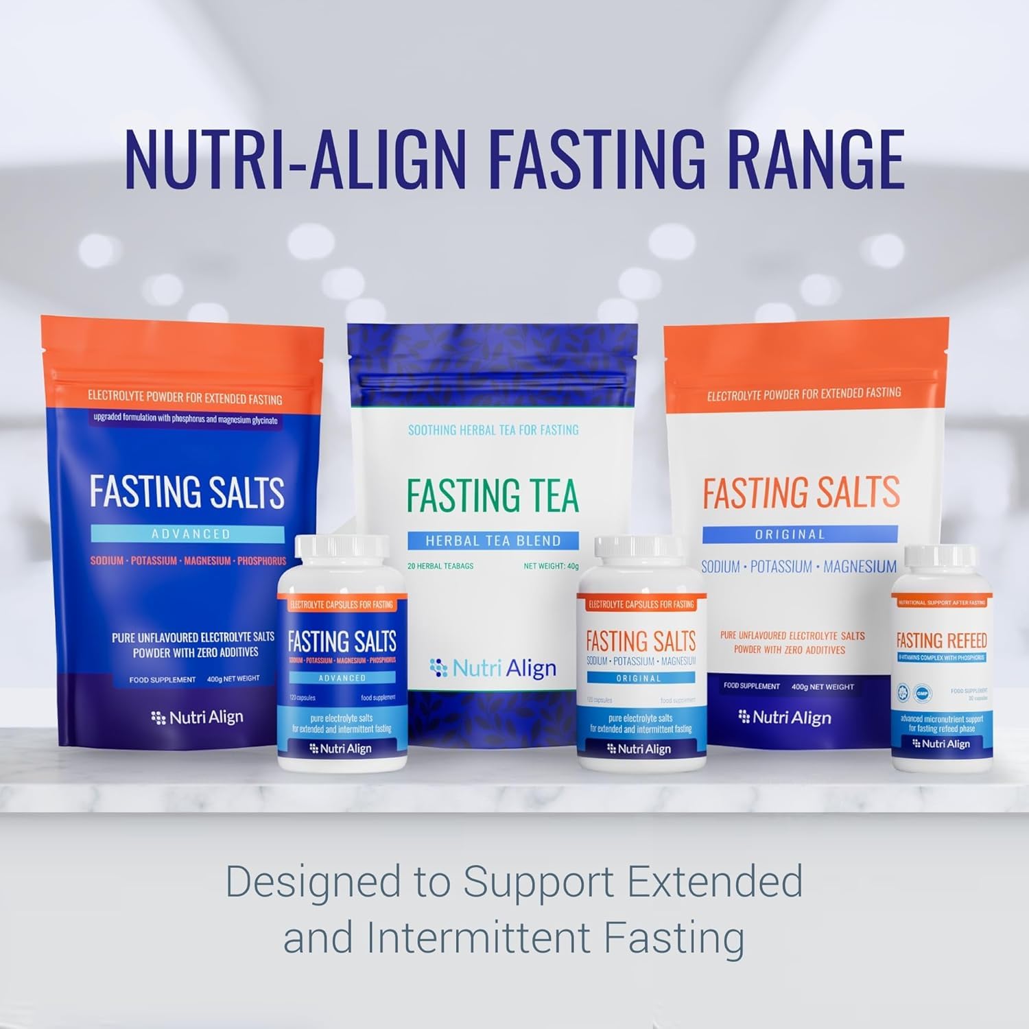 Nutri-Align Fasting Salts with water illustrates hydration-friendly fasting support.