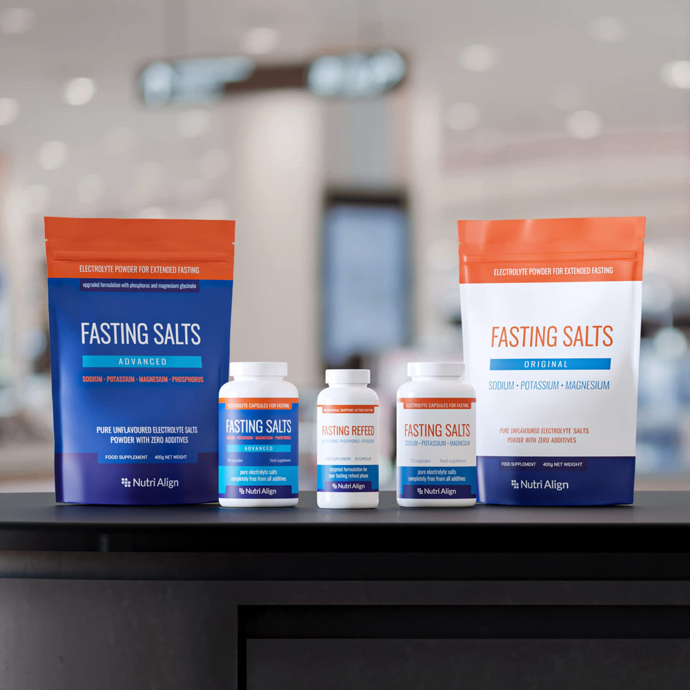 Nutri-Align Fasting Salts packaging with GMP and halal logos.