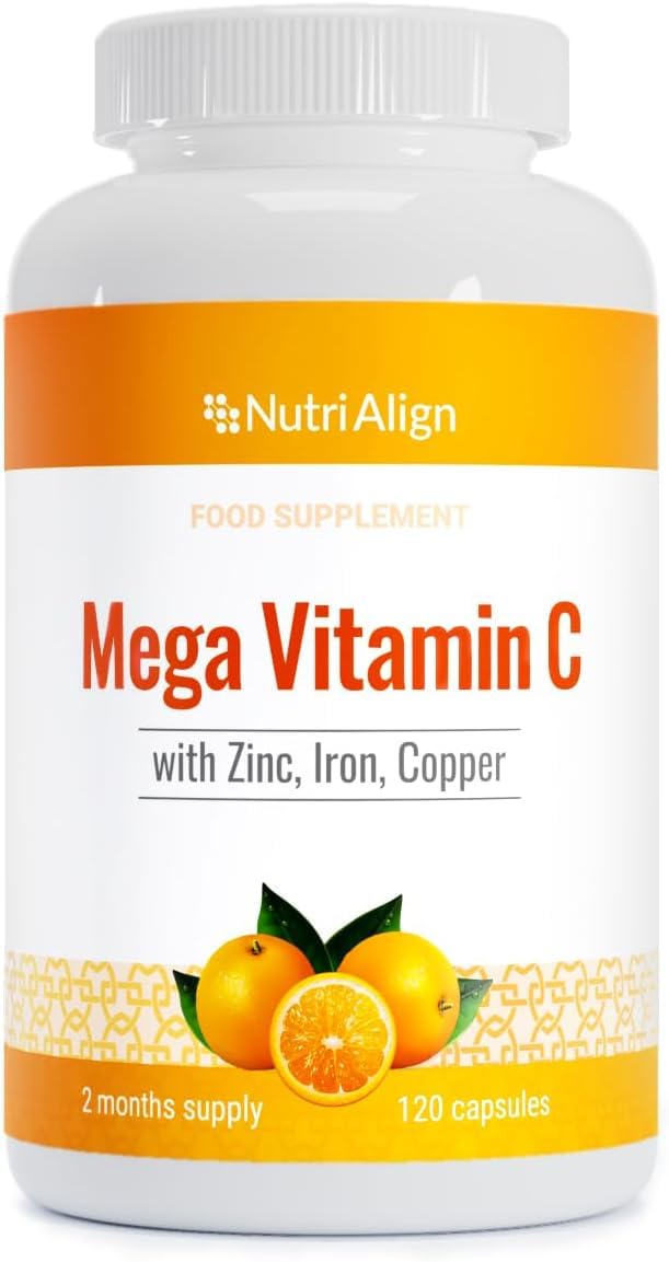 Nutri-Align Mega Vitamin C bottle front view showing high-strength 1000mg capsules for daily antioxidant support.